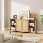 Mobile TV Boho Naturale con Ante in Rattan e Ripiani Aperti, Adatto a TV fino a 70"