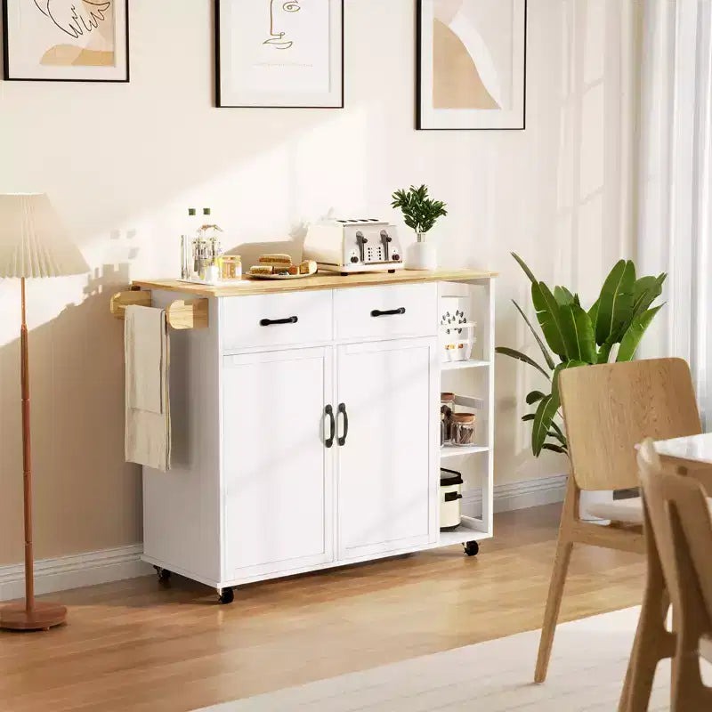 Carrello da Cucina Moderno Bianco per 1, con Ante a Ribalta, Portabottiglie, Portaspezie, 2 Armadietti e Cassetti, Ruote Bloccabili