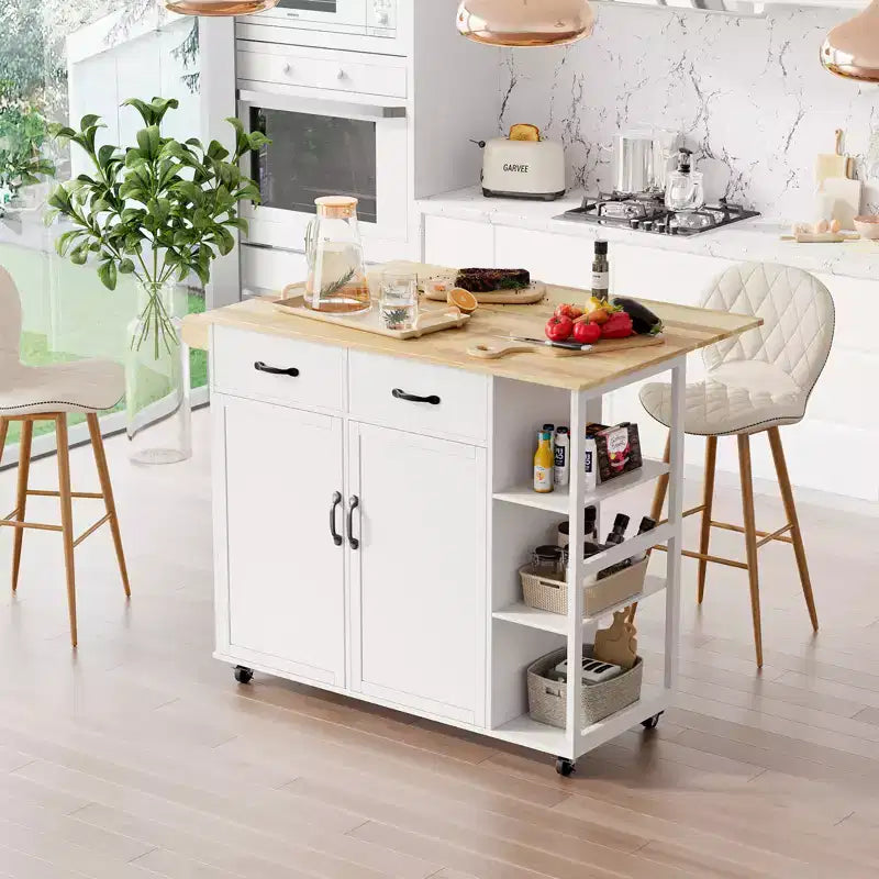 Carrello da Cucina Moderno Bianco per 1, con Ante a Ribalta, Portabottiglie, Portaspezie, 2 Armadietti e Cassetti, Ruote Bloccabili