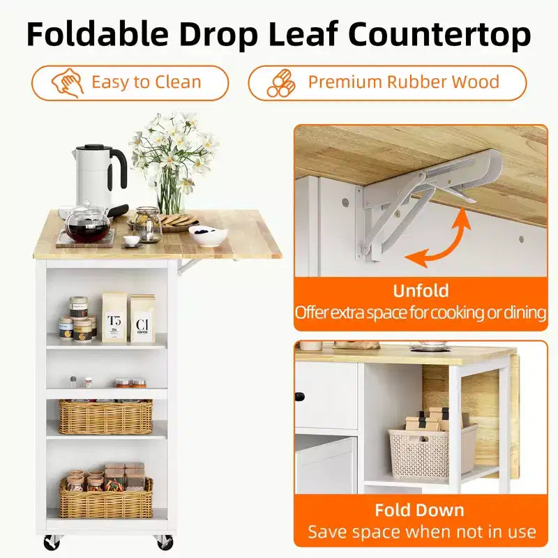 Carrello da Cucina Moderno Bianco per 1, con Ante a Ribalta, Portabottiglie, Portaspezie, 2 Armadietti e Cassetti, Ruote Bloccabili