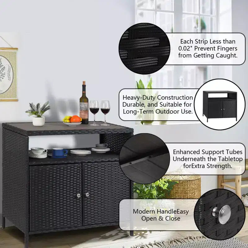 Mobile Contenitore da Esterno in Rattan Nero con 2 Ante – Tavolo Bar da Patio, 1 persona