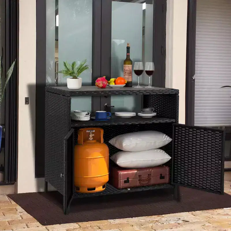 Mobile Contenitore da Esterno in Rattan Nero con 2 Ante – Tavolo Bar da Patio, 1 persona