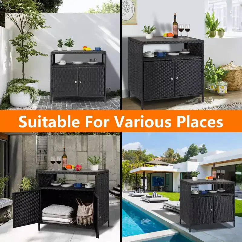 Mobile Contenitore da Esterno in Rattan Nero con 2 Ante – Tavolo Bar da Patio, 1 persona