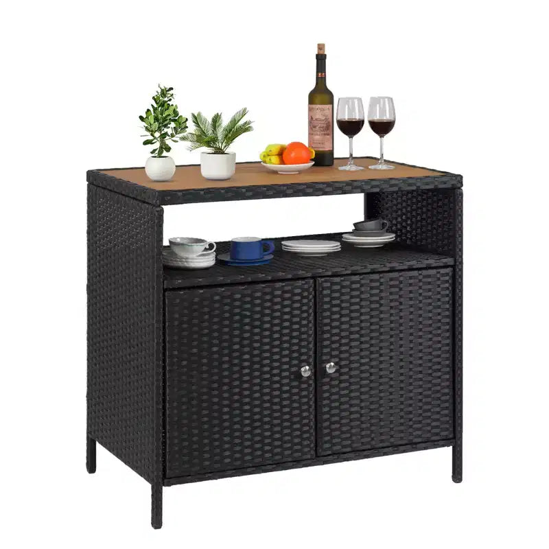 Mobile Contenitore da Esterno in Rattan Nero con 2 Ante – Tavolo Bar da Patio, 1 persona