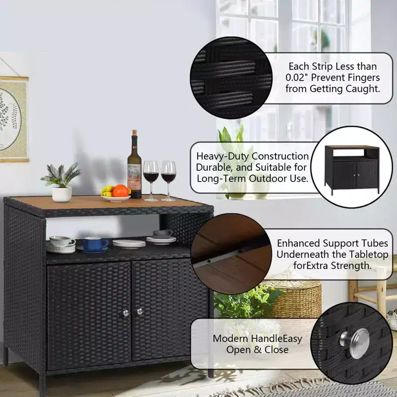 Mobile Contenitore da Esterno in Rattan Nero con 2 Ante – Tavolo Bar da Patio, 1 persona