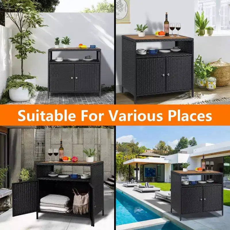 Mobile Contenitore da Esterno in Rattan Nero con 2 Ante – Tavolo Bar da Patio, 1 persona