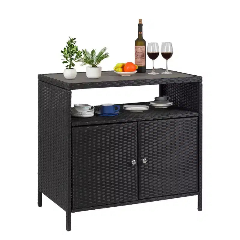 Mobile Contenitore da Esterno in Rattan Nero con 2 Ante – Tavolo Bar da Patio, 1 persona