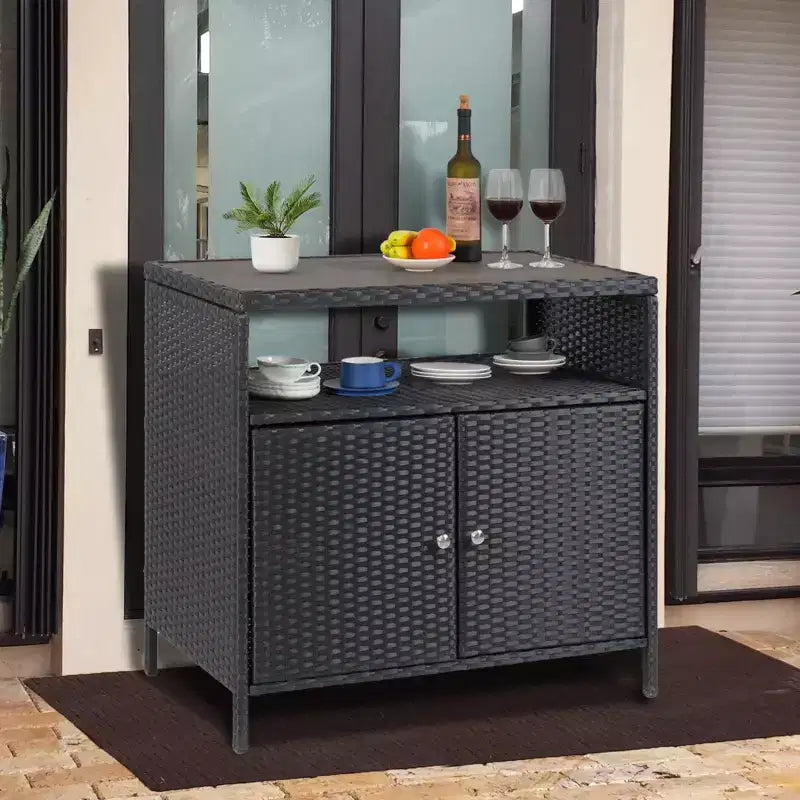 Mobile Contenitore da Esterno in Rattan Nero con 2 Ante – Tavolo Bar da Patio, 1 persona