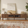 ModernLuxe TV Stand for TVs up to 85, Entertainment Center with Storage Cabinets & Glass-Doors, Media Console, Natural