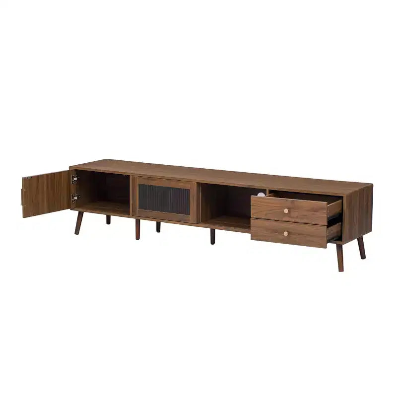 Mobile TV in legno naturale con ante in vetro, adatto a TV fino a 85"