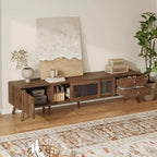 Mobile TV in legno naturale con ante in vetro, adatto a TV fino a 85"