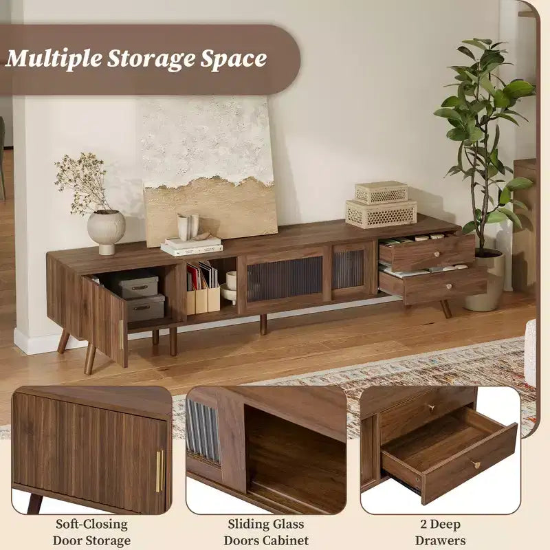 Mobile TV in legno naturale con ante in vetro, adatto a TV fino a 85"