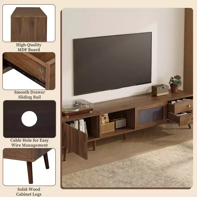 Mobile TV in legno naturale con ante in vetro, adatto a TV fino a 85"