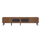 Mobile TV in legno naturale con ante in vetro, adatto a TV fino a 85"