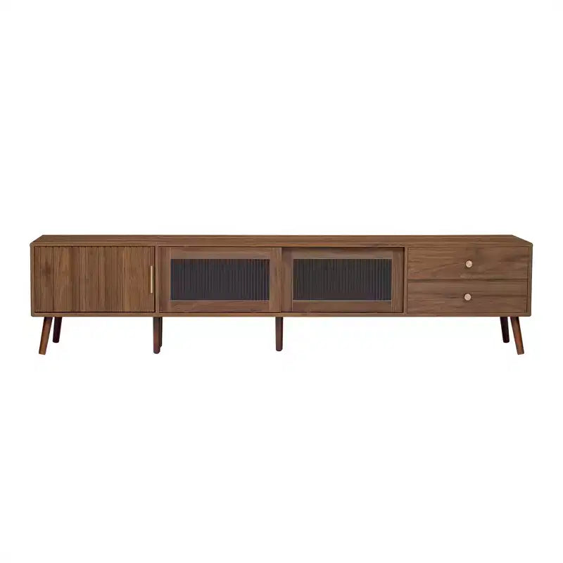 Mobile TV in legno naturale con ante in vetro, adatto a TV fino a 85"