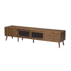 Mobile TV in legno naturale con ante in vetro, adatto a TV fino a 85"