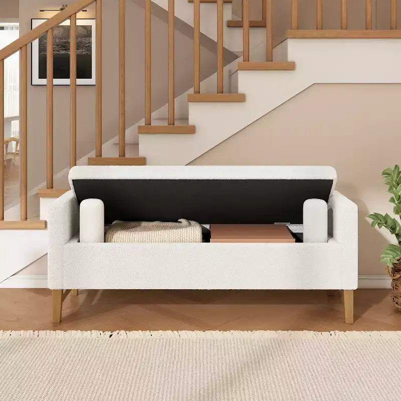 Pouf contenitore in tessuto Bouclé Beige, Rettangolare, 1 posto a sedere