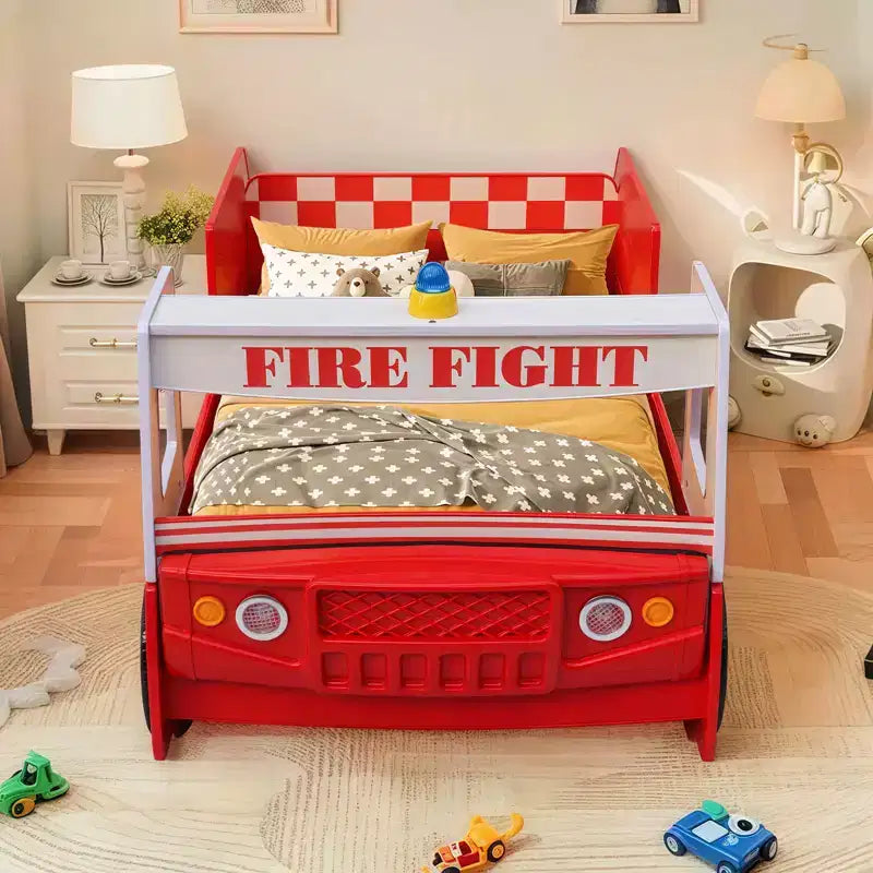 Letto Singolo a Forma di Camion dei Pompieri con Luce LED, Rosso