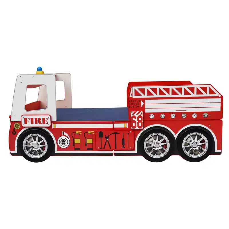 Letto Singolo a Forma di Camion dei Pompieri con Luce LED, Rosso