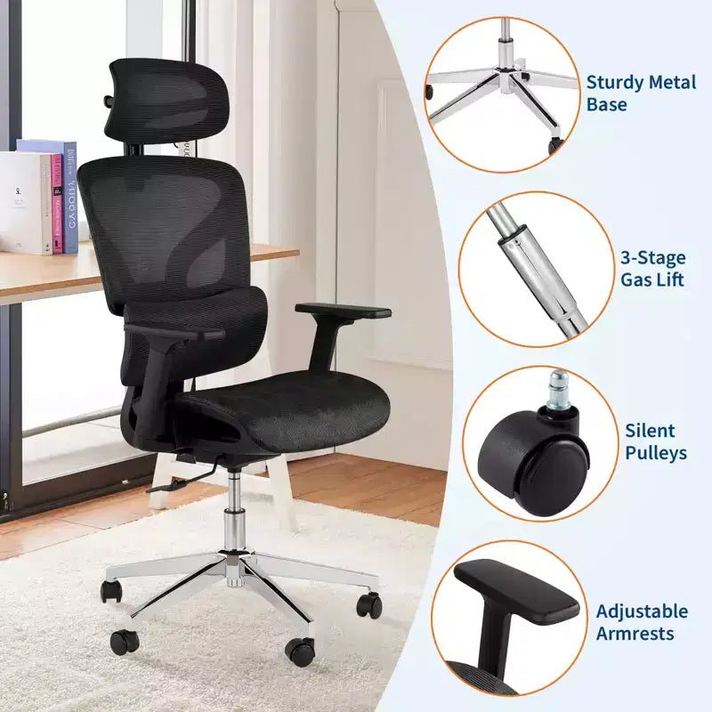 Sedia da Ufficio Ergonomica in Rete Nera, Braccioli 4D, Supporto Lombare, Seduta Singola