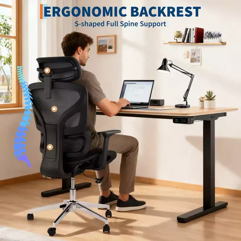 Sedia da Ufficio Ergonomica in Rete Nera, Braccioli 4D, Supporto Lombare, Seduta Singola