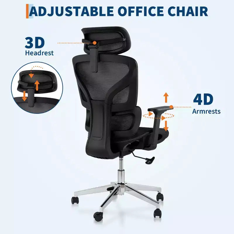 Sedia da Ufficio Ergonomica in Rete Nera, Braccioli 4D, Supporto Lombare, Seduta Singola