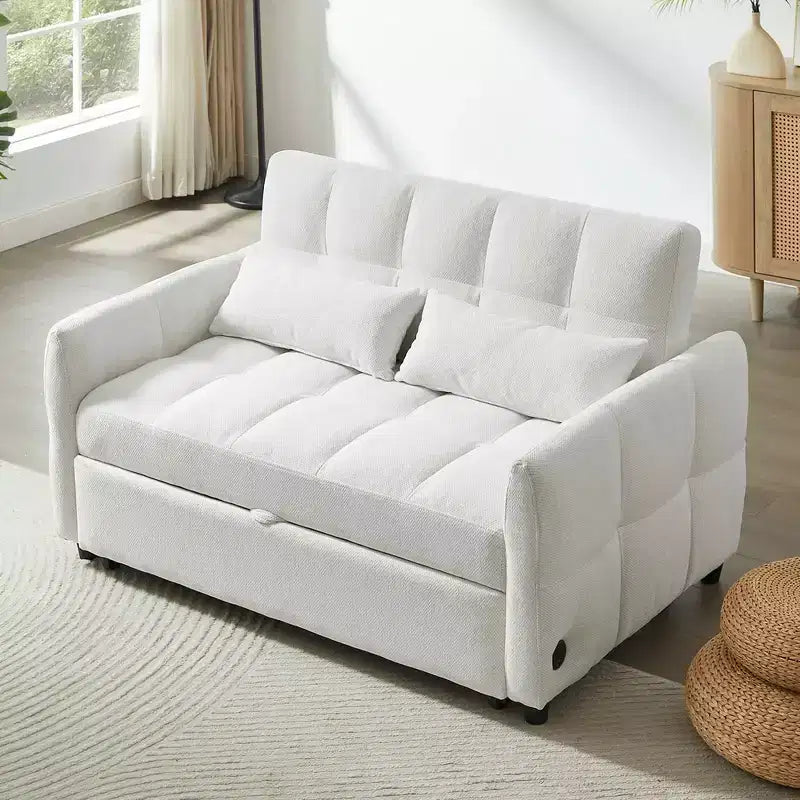 Divanetto trasformabile trapuntato beige per 2, schienale regolabile con porte USB