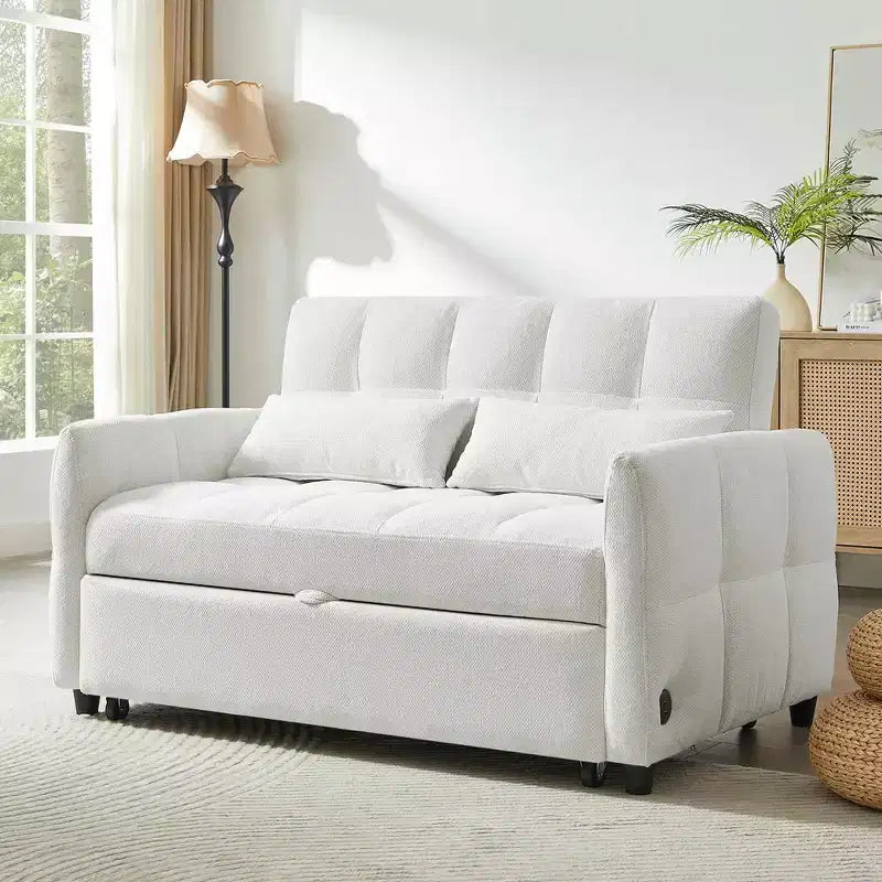 Divanetto trasformabile trapuntato beige per 2, schienale regolabile con porte USB