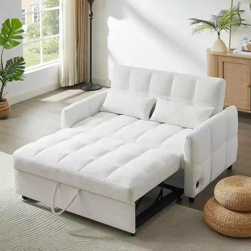 Divanetto trasformabile trapuntato beige per 2, schienale regolabile con porte USB