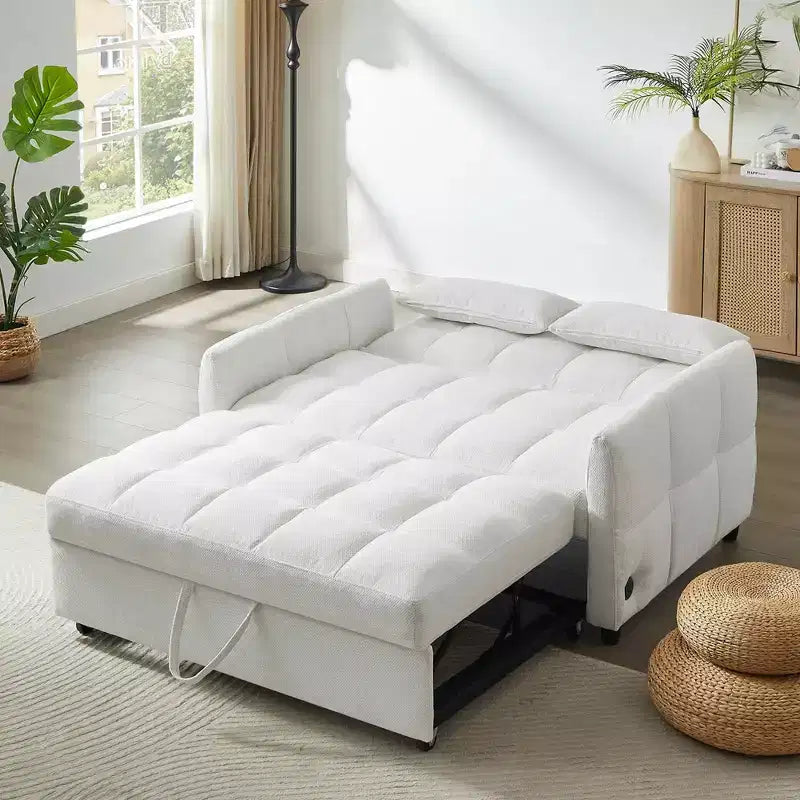 Divanetto trasformabile trapuntato beige per 2, schienale regolabile con porte USB