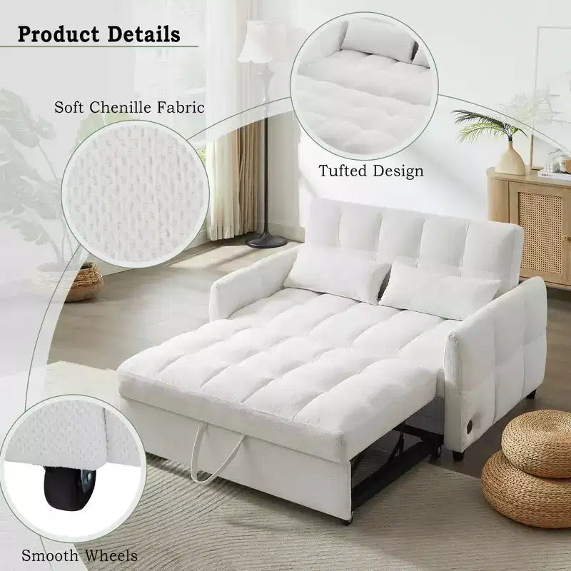 Divanetto trasformabile trapuntato beige per 2, schienale regolabile con porte USB