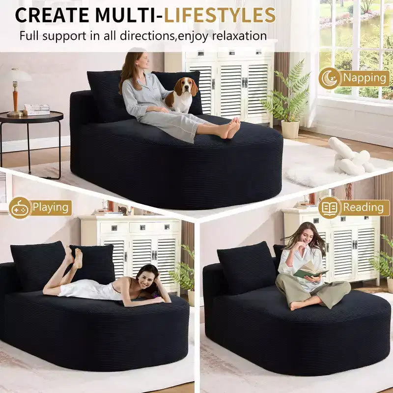 Chaise longue in velluto a coste beige / nero / blu / grigio scuro / verde con 2 cuscini, divano letto convertibile, 1 posto