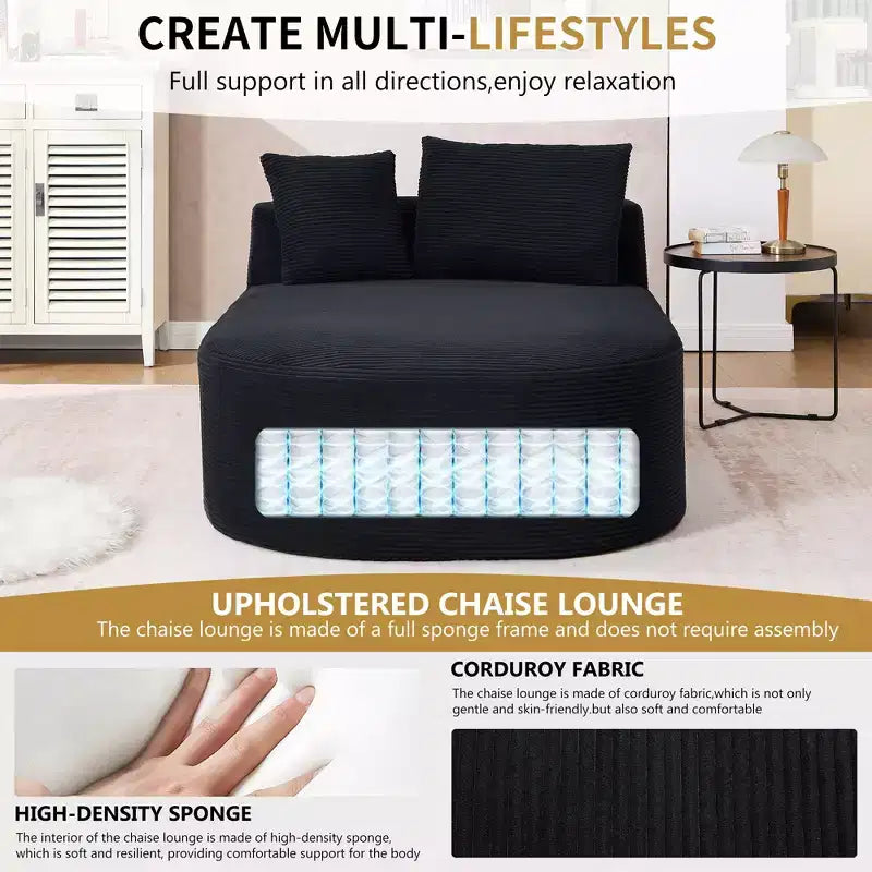Chaise longue in velluto a coste beige / nero / blu / grigio scuro / verde con 2 cuscini, divano letto convertibile, 1 posto
