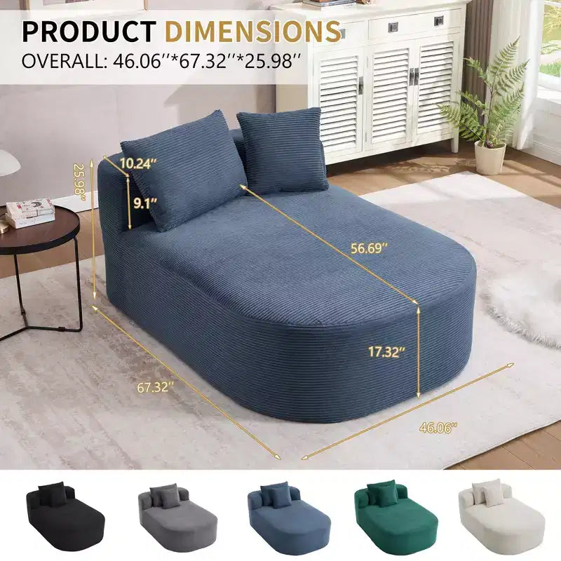 Chaise longue in velluto a coste beige / nero / blu / grigio scuro / verde con 2 cuscini, divano letto convertibile, 1 posto
