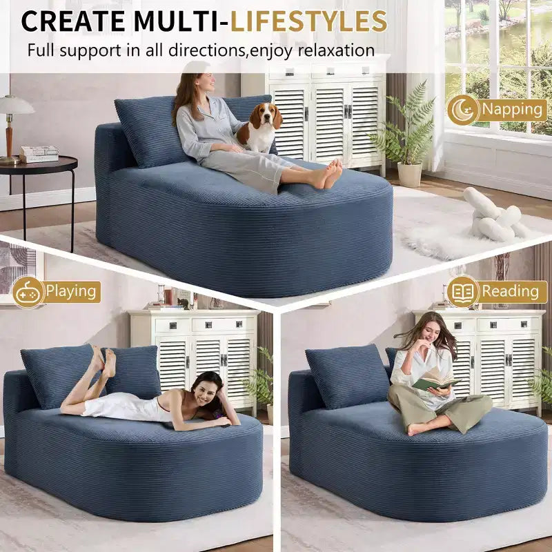 Chaise longue in velluto a coste beige / nero / blu / grigio scuro / verde con 2 cuscini, divano letto convertibile, 1 posto