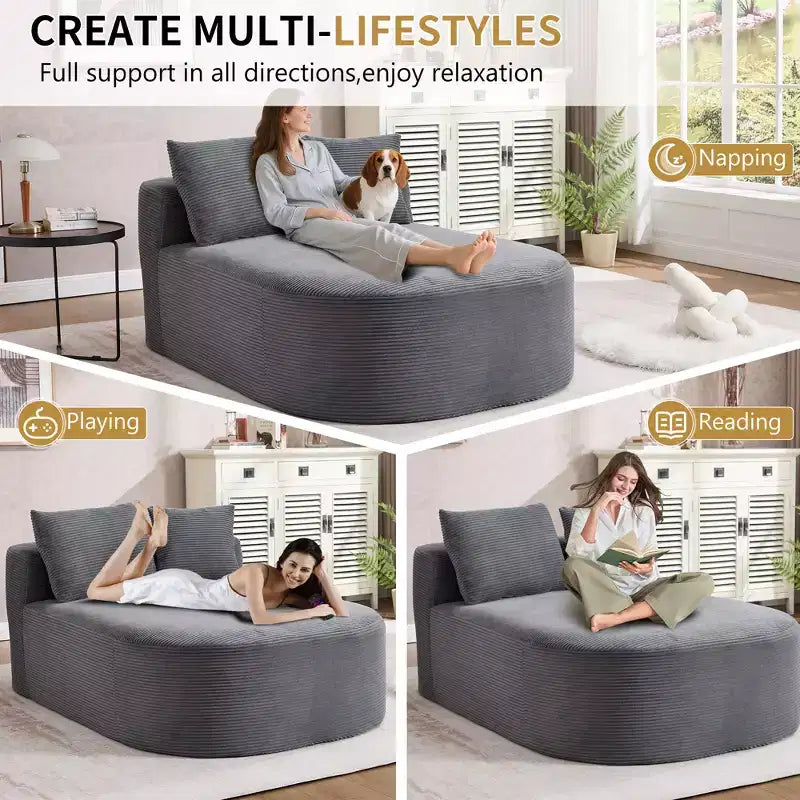 Chaise longue in velluto a coste beige / nero / blu / grigio scuro / verde con 2 cuscini, divano letto convertibile, 1 posto