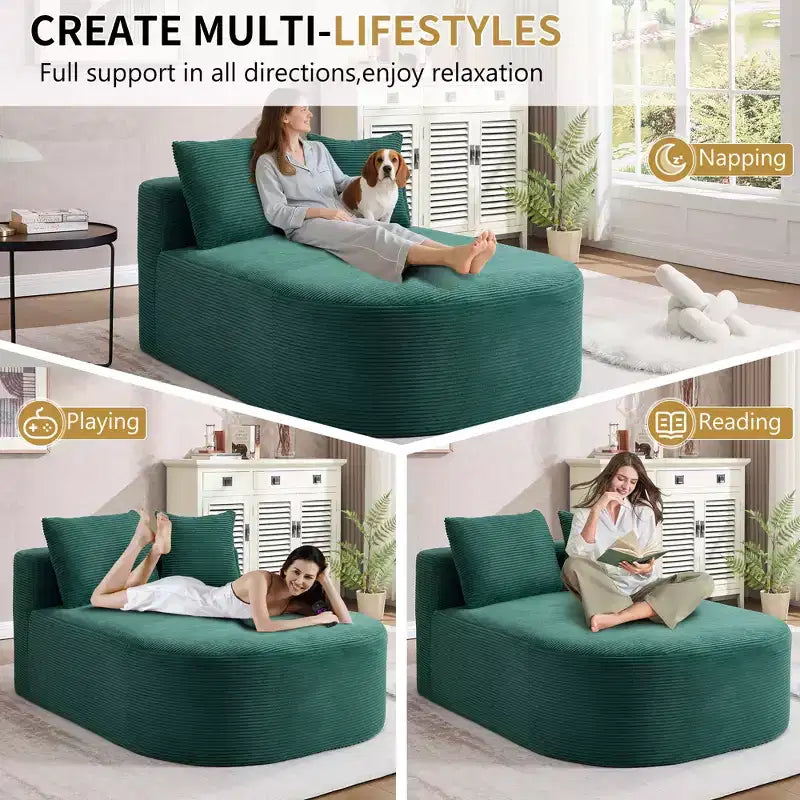 Chaise longue in velluto a coste beige / nero / blu / grigio scuro / verde con 2 cuscini, divano letto convertibile, 1 posto