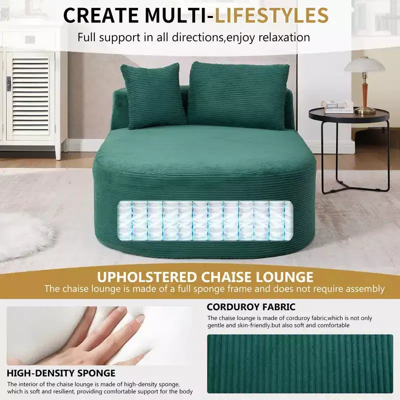Chaise longue in velluto a coste beige / nero / blu / grigio scuro / verde con 2 cuscini, divano letto convertibile, 1 posto