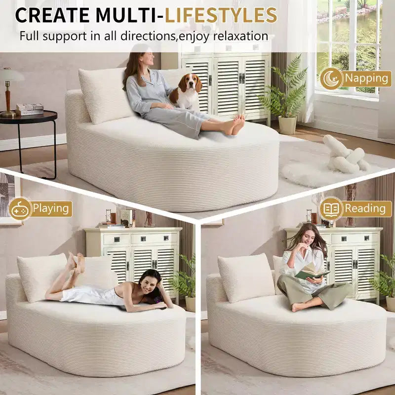 Chaise longue in velluto a coste beige / nero / blu / grigio scuro / verde con 2 cuscini, divano letto convertibile, 1 posto