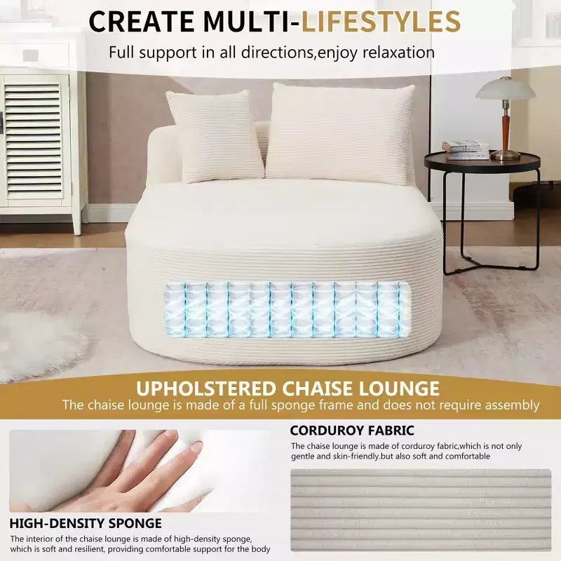Chaise longue in velluto a coste beige / nero / blu / grigio scuro / verde con 2 cuscini, divano letto convertibile, 1 posto