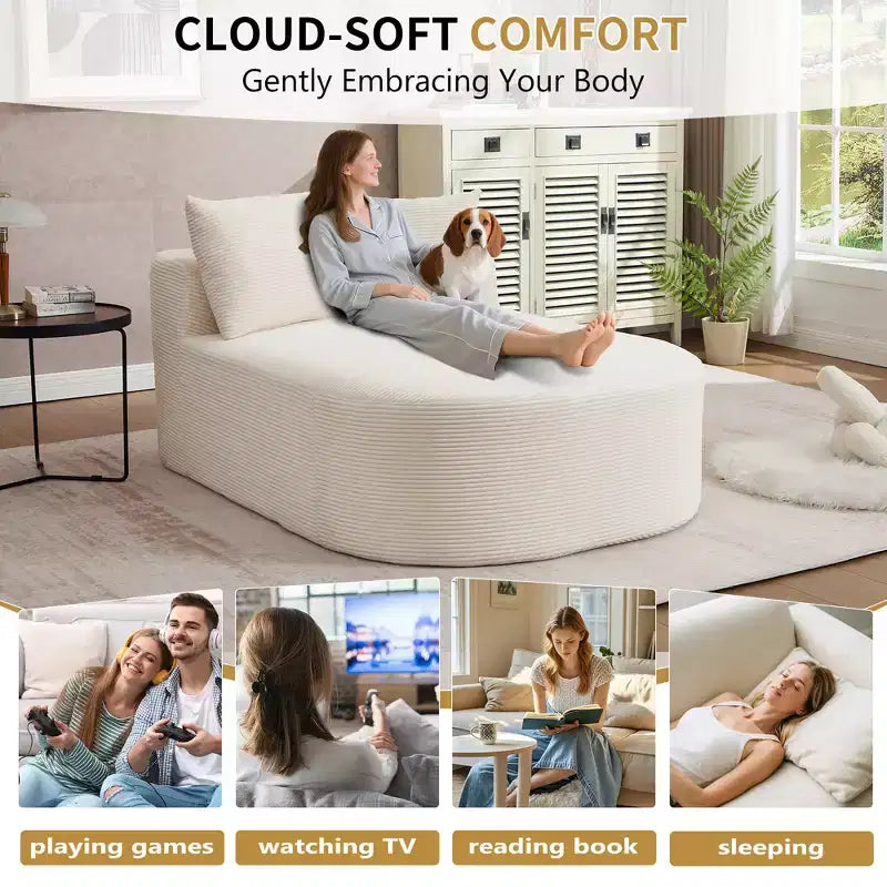 Chaise longue in velluto a coste beige / nero / blu / grigio scuro / verde con 2 cuscini, divano letto convertibile, 1 posto