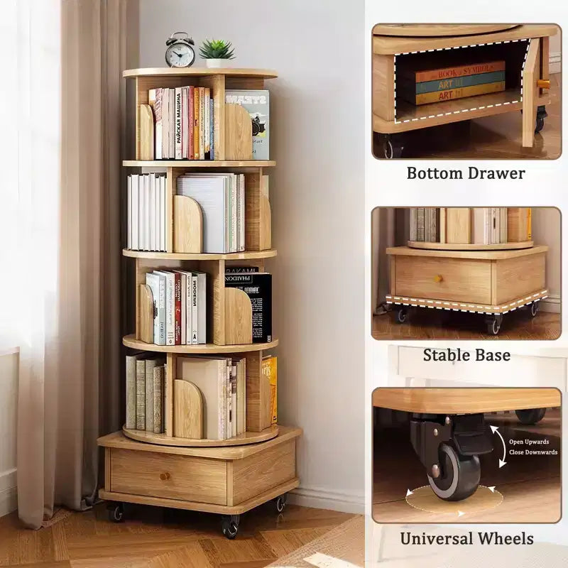 Libreria girevole a 360° a 5 ripiani in rovere con ruote e cassetto, per 1 persona