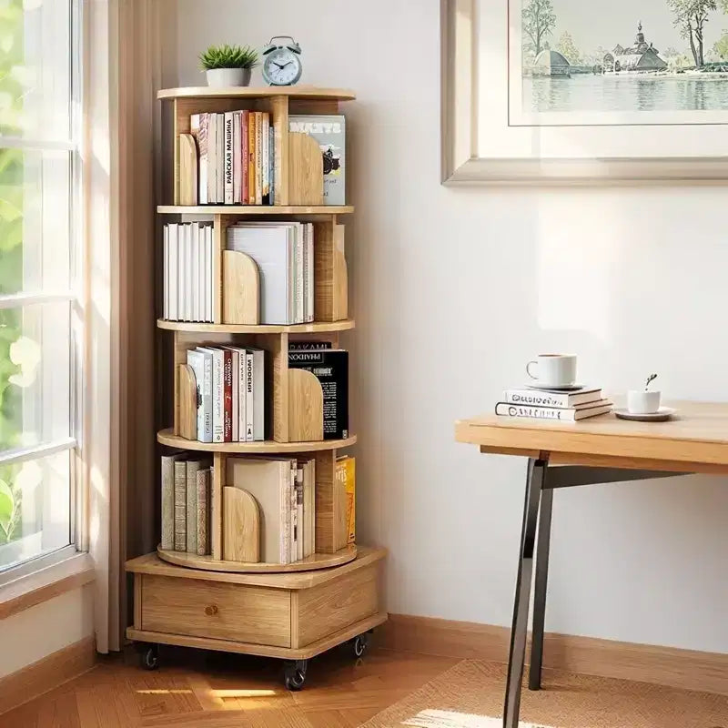 Libreria girevole a 360° a 5 ripiani in rovere con ruote e cassetto, per 1 persona