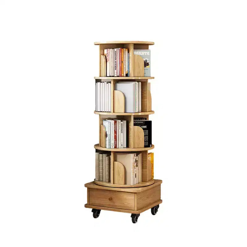 Libreria girevole a 360° a 5 ripiani in rovere con ruote e cassetto, per 1 persona