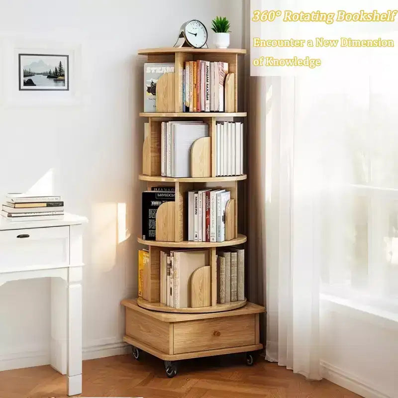 Libreria girevole a 360° a 5 ripiani in rovere con ruote e cassetto, per 1 persona