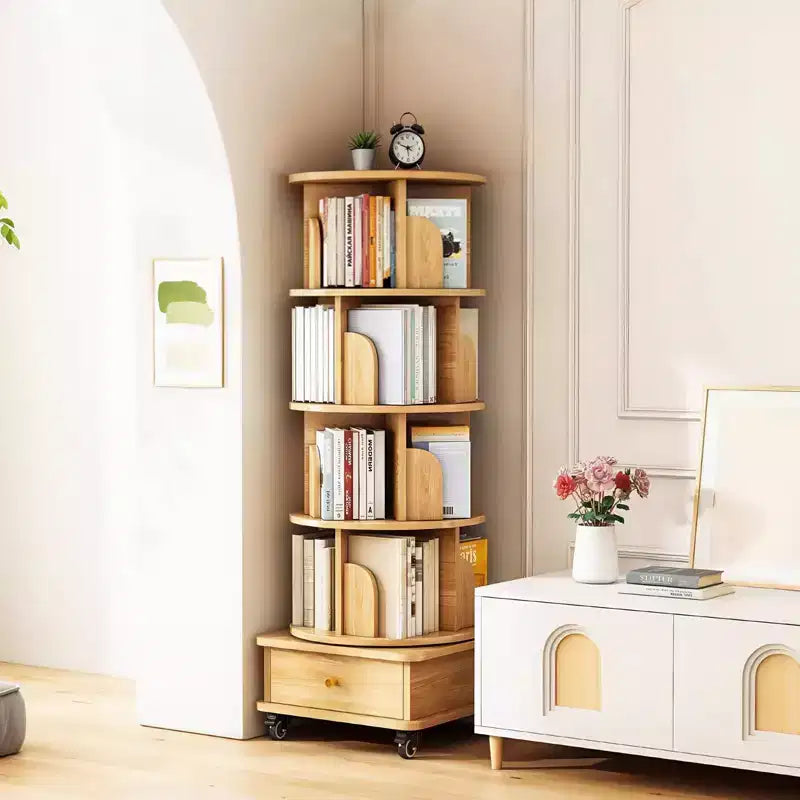 Libreria girevole a 360° a 5 ripiani in rovere con ruote e cassetto, per 1 persona