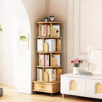 Libreria girevole a 360° a 5 ripiani in rovere con ruote e cassetto, per 1 persona