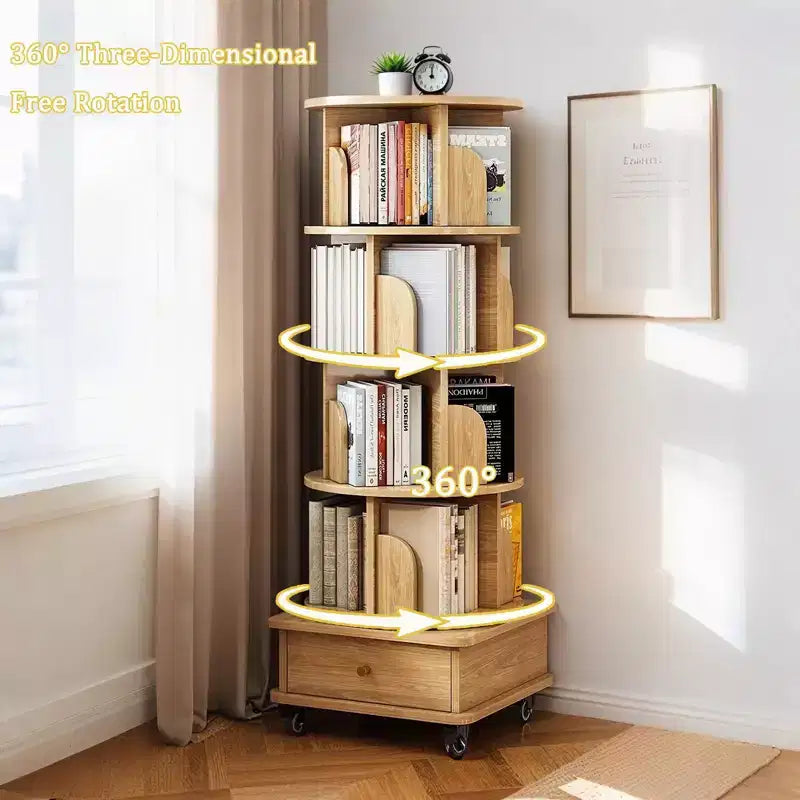 Libreria girevole a 360° a 5 ripiani in rovere con ruote e cassetto, per 1 persona