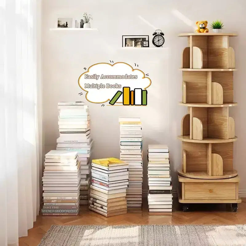 Libreria girevole a 360° a 5 ripiani in rovere con ruote e cassetto, per 1 persona