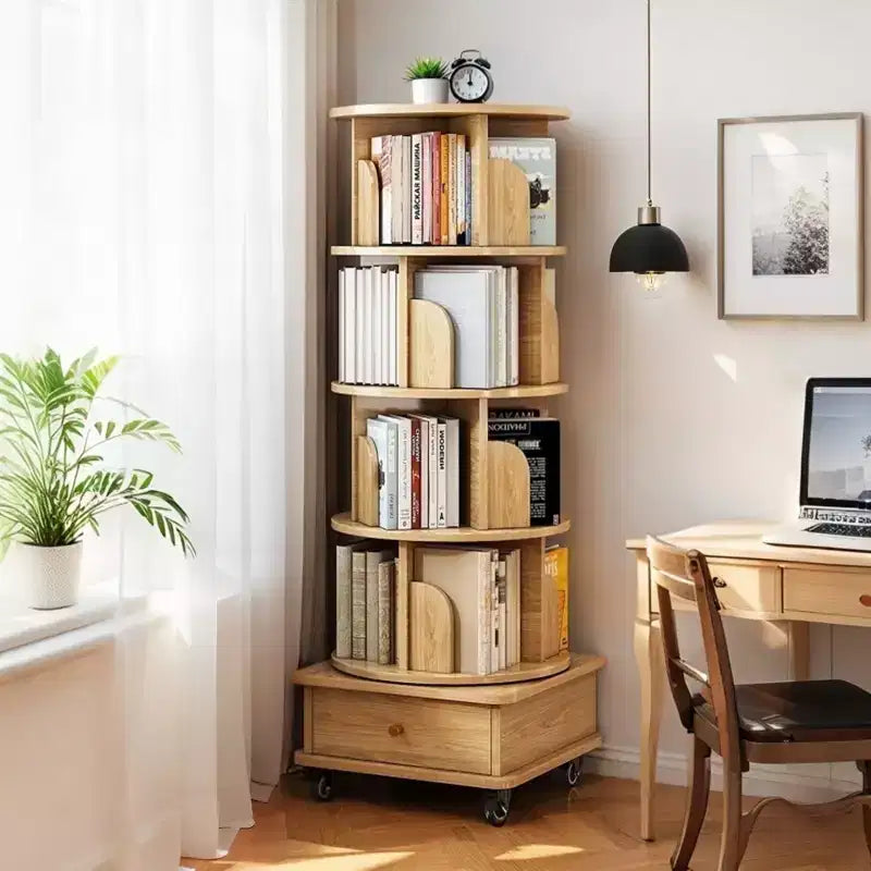 Libreria girevole a 360° a 5 ripiani in rovere con ruote e cassetto, per 1 persona